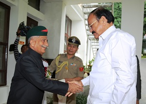 The Governor of Arunachal Pradesh Brig. (Dr.) B.D. Mishra (Retd.) receiving the Vice President of India Shri M. Venkaiah Naidu on his maiden two-day tour of Arunachal Pradesh at Raj Bhavan, Itanagar on 15th June 2018.